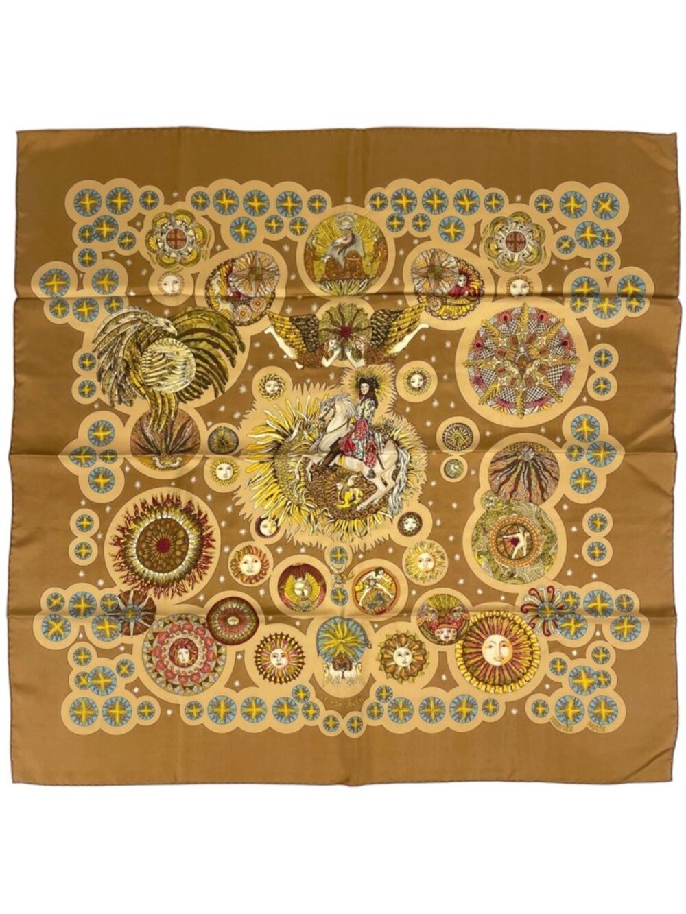 Hermes Carre 90 le Roy Soleil Scarf Sun King Silk Brown Multicolor